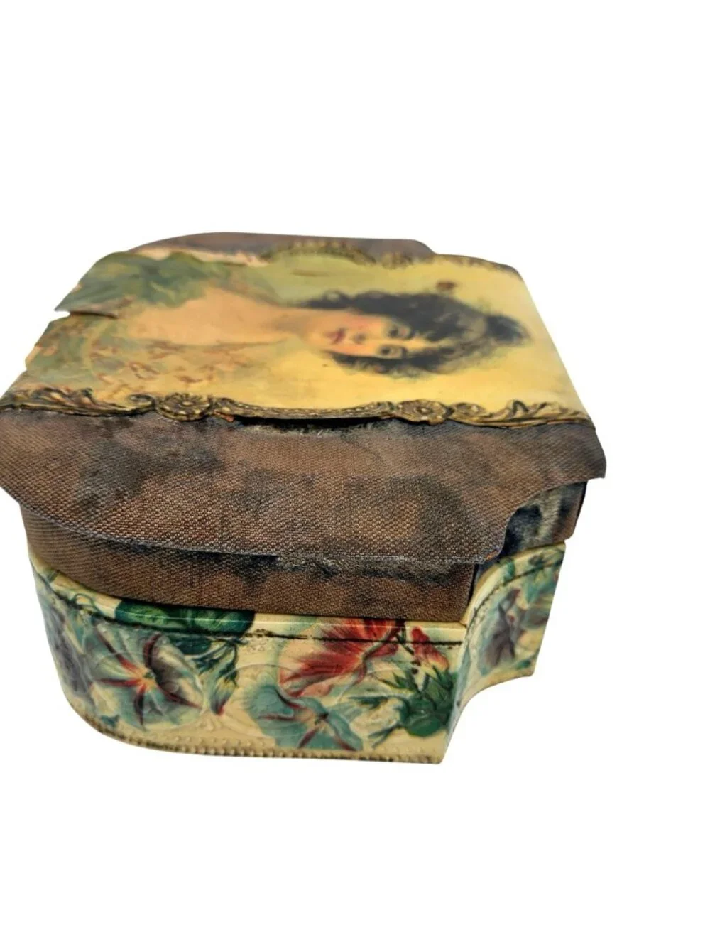 Antique Victorian Edwardian Celluloid Vanity Dresser Jewelry Box Portrait Lid